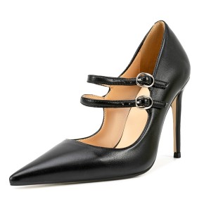 Pumps High Heels Dress Shoes Classic Belt Buckle Faux Leather Pointed Toe With Ankle Strap Black