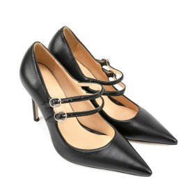 Pumps High Heels Dress Shoes Classic Belt Buckle Faux Leather Pointed Toe With Ankle Strap Black