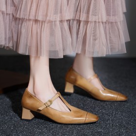 Talon Carré Petit Talon Confort Rétro Cuir Chaussure Pour Femme Talon Epais Bride en T Bout Carré