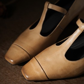Talon Carré Petit Talon Confort Rétro Cuir Chaussure Pour Femme Talon Epais Bride en T Bout Carré