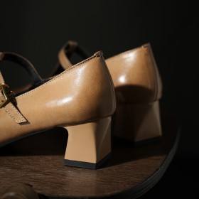 Talon Carré Petit Talon Confort Rétro Cuir Chaussure Pour Femme Talon Epais Bride en T Bout Carré