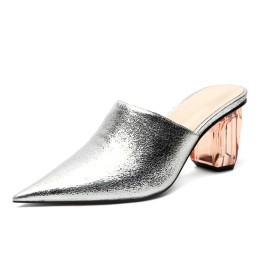 Blokhak Comfort Sparkle Lak Mules Zilver Sandalen Dames Imitatieleer