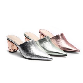 Blokhak Comfort Sparkle Lak Mules Zilver Sandalen Dames Imitatieleer