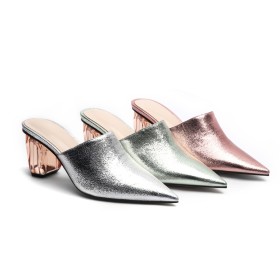 Faux Leather Block Heel Casual Sparkly Thick Heel Mules Sandals Comfort Silver 6 cm Heel Patent