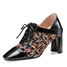 Mode Herbst Schuhe Damen Textile Mit Blockabsatz Bunt 2022 7 cm Mittlerer Absatz Schwarz Bequeme