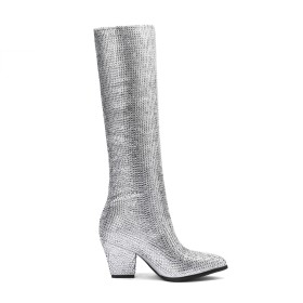 Glitter 8 cm High Heel Blokhakken Lange Laarzen Sparkle Knie Laarzen Gevoerde