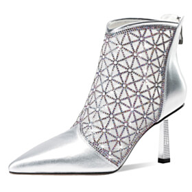 Elegant Tulle Leather Sparkly Silver Rhinestones Mid High Heeled Stiletto Heels Metallic Ankle Boots Pointed Toe