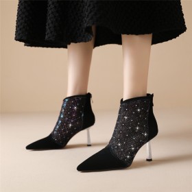 Black Sparkly 7 cm Mid Heels Ankle Boots For Women Elegant Dressy Shoes Tulle Pointed Toe Evening Shoes