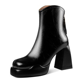 Booties For Women Leather High Heels Cowboy Fur Lined Block Heels