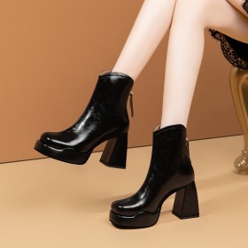 Booties For Women Leather High Heels Cowboy Fur Lined Block Heels