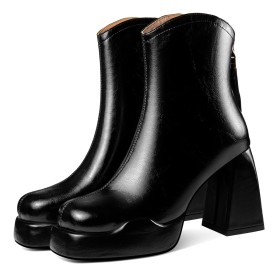 Booties For Women Leather High Heels Cowboy Fur Lined Block Heels