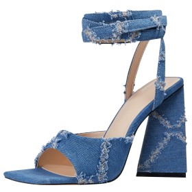 Slate Blue High Heel Jeans Lace Up Fashion Sandals Chunky Block Heels