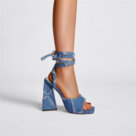 Slate Blue High Heel Jeans Lace Up Fashion Sandals Chunky Block Heels