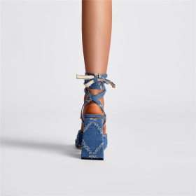 Blokhakken Going Out Highheel Enkelbandje Denim Sandalette