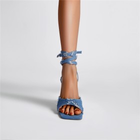 Slate Blue High Heel Jeans Lace Up Fashion Sandals Chunky Block Heels