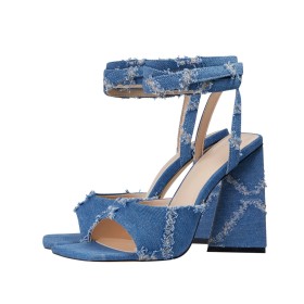 Slate Blue High Heel Jeans Lace Up Fashion Sandals Chunky Block Heels