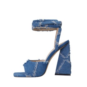 Slate Blue High Heel Jeans Lace Up Fashion Sandals Chunky Block Heels