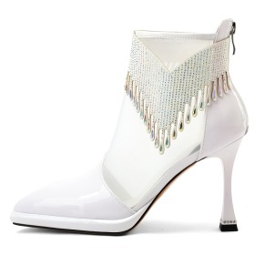 Business Casual Sparkly Rhinestones Sandal Boots Elegant High Heel Formal Dress Shoes Leather Tulle Booties For Women Patent