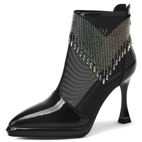 High Heel Steentjes Zomer Mode Zomerlaarzen Franjes Zwarte Leer Naaldhakken Formele Lak Enkellaarzen Dames Visnet