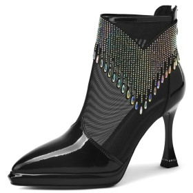 Tulle Sparkly Stiletto With Rhinestones Sandal Boots Patent Leather Booties For Women Black Modern Fringe 9 cm High Heel