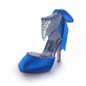 With Bowknot Fringe Blue 10 cm High Heels Elegant Wedding Shoes For Bridal Sandals With Ankle Strap