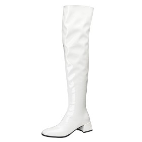 Kunstleder Klassisch Winter Mit Blockabsatz 5 cm Low Heel Overknee Weiß Boots