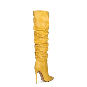 Talons Aiguilles Talons Hauts Jaune Plissées Tombantes Habillé Bottes Genoux Fourrées Bottes Haute