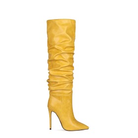 Talons Aiguilles Talons Hauts Jaune Plissées Tombantes Habillé Bottes Genoux Fourrées Bottes Haute