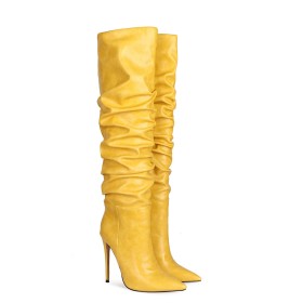 Talons Aiguilles Talons Hauts Jaune Plissées Tombantes Habillé Bottes Genoux Fourrées Bottes Haute