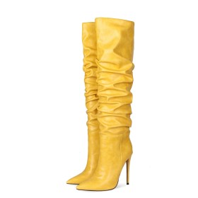 Stilettos Yellow Fur Lined Slouch Faux Leather Tall Boots Classic Knee High Boot Closed Toe High Heels