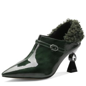 Business Casual Shoes Emerald Green Natural Leather Faux Fur Patent Fashion 3 inch High Heel Thick Heel Shootie With Rhinestones