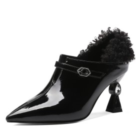 Talon Spécial Business Casual Chaussures Ceremonie Cuir Simili Fourrure Noir Talons Epais Talon 8 cm Chaussure Femme
