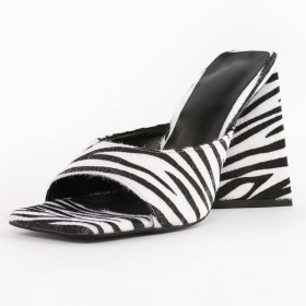 Thick Heel Womens Sandals Black And White Faux Fur Mules Striped Block Heel Open Toe High Heels