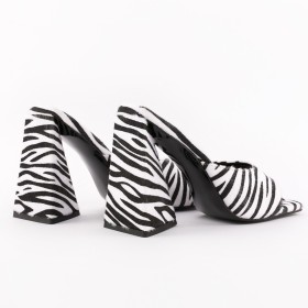 Thick Heel Womens Sandals Black And White Faux Fur Mules Striped Block Heel Open Toe High Heels