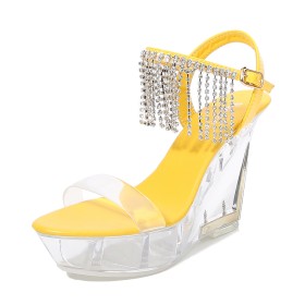 Peep Toe High Heel Cute Going Out Shoes With Ankle Strap Sandals For Women Platform Yellow Fringe Wedge