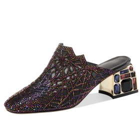Mesh Mules Kristall Schwarze Mit Blockabsatz Luxus Festliche Schuhe 5 cm Niedriger Absatz Sandalen Damen