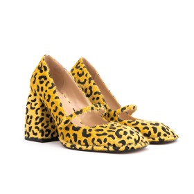Schuhe Damen Kunstpelz Klassisch Gelbe Bequeme Blockabsatz Leo Flauschige Pumps Spangenpumps Mit 10 cm High Heels