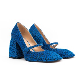 Fluffy Faux Fur Comfort Pumps Block Heels Royal Blue Round Toe High Heels Faux Leather Leopard Classic Chunky Heel