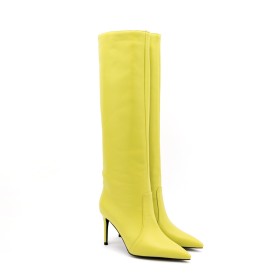 Gefütterte Gelb Kniehohe Boots Damen Hohe Stiefel Absatzschuhe Genarbte Leder Spitz Klassisch Sock Boots Stiletto 9 cm High Heels