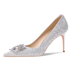 ゴージャス キラキラ シューズ レディース 8cm ハイヒール グリッター 2022 結婚式 ライン ストーン パーティー パンプス シルバー 2222040873F-Silver