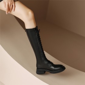 Flats Knee High Boots Leather Tall Boot Vintage Comfort Casual Round Toe Lace Up