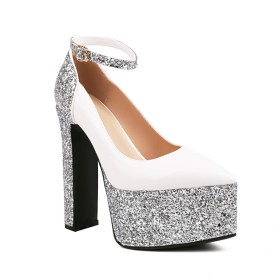 Sparkly 6 inch High Heel Sandals Faux Leather Block Heels Thick Heel White Formal Dress Shoes Metallic Platform
