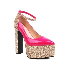 Fucsia Moda Con Cinturino Alla Caviglia Scarpe Cerimonia Tacco Largo Platino Tacco Alto Sandali Platform Scarpe Da Sera