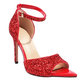Sexy High Heel Party Shoes Belt Buckle Peep Toe Pointed Toe Ankle Strap Fashion Womens Sandals Red Sparkly Stilettos