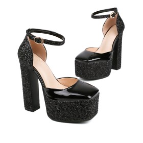 Glitter Finta Pelle Con Cinturino Alla Caviglia Moda Sandali Tacco Largo Vernice Sexy Tacchi Alto Scarpe Da Sera Platform