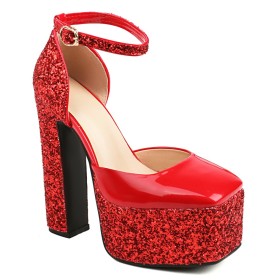 Platform Chunky Heel Belt Buckle Ankle Strap Modern Faux Leather Formal Dress Shoes Glitter Red Block Heels 6 inch High Heel