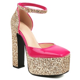 Fuchsia Belt Buckle With Ankle Strap Party Shoes Platform Modern Sequin 6 inch High Heeled Patent Sparkly Dress Shoes Block Heels