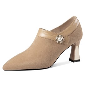 Elegant Beige Leather Block Heeled Court Shoes for Formal / Office Wear