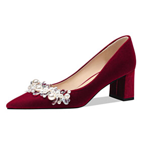 Blokhakken Mooie Pumps Schoen Bruidsschoenen Comfortabele Bordeaux Parel Galaschoenen Spitse Neus 7 cm Middelhoge Heels