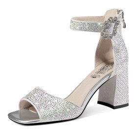 With Pearls Evening Shoes Womens Sandals Block Heel Luxury Beautiful Chunky Heel Sequin 7 cm Mid Heel With Ankle Strap Sparkly Formal Dress Shoes Belt Buckle